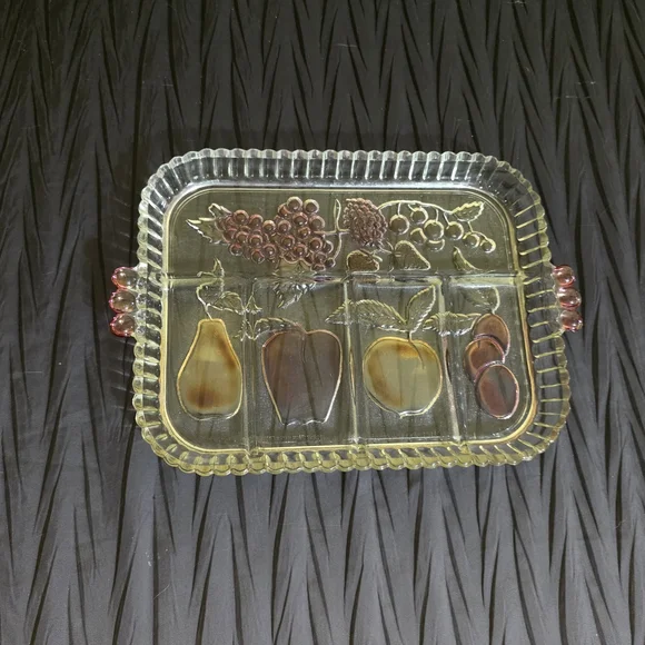 Indiana Glass Fruit Design Divided Tray with Red and Amber Accents - Picture 1 of 3